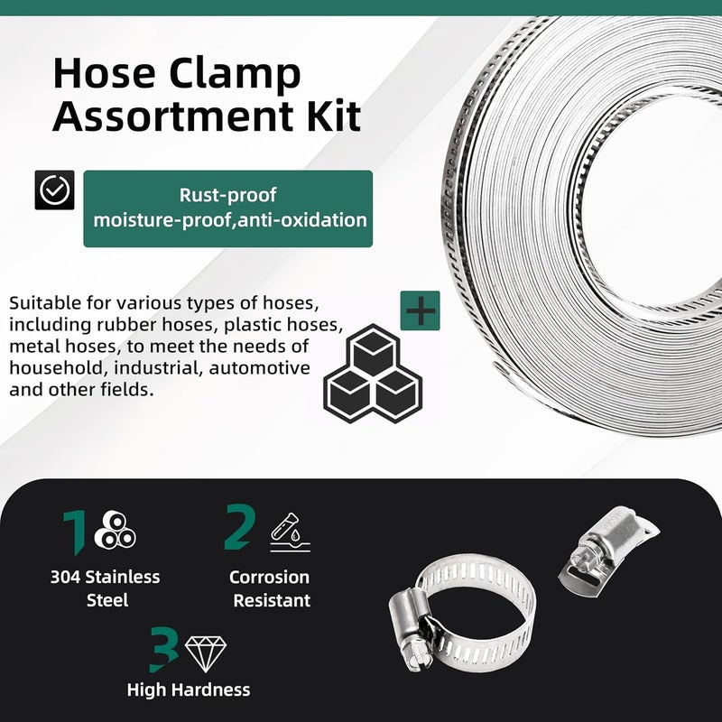 Riyhch Hose Clamp Assortment Kit, 304 Stainless Steel Large Band Hose Clamp Metal Strap + Stronger Fasteners, Adjustable Worm Gear Hose Clamps Screw Clamps (50 Feet Strap + 24 Fasteners) - Image 5